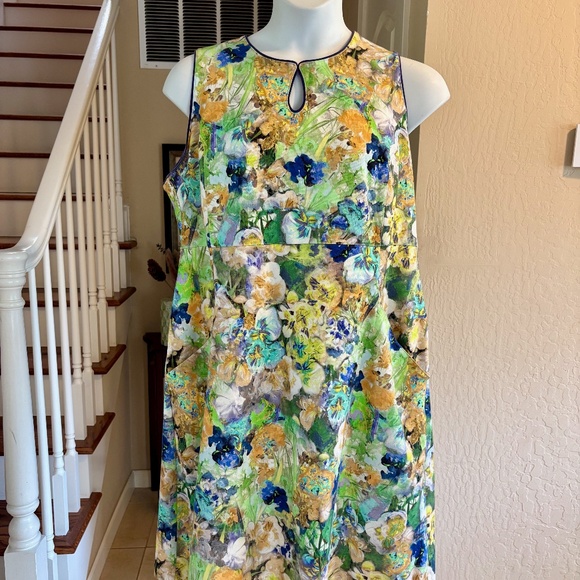 Lands End Sleeveless Pretty Dress Watercolor Floral Side Pockets 22W - Picture 1 of 4